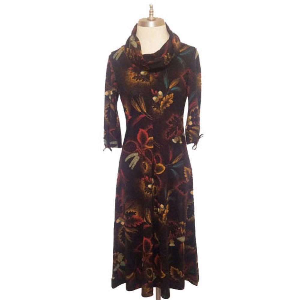 Vtg 70s Brown Leaf Print Cowl Neck Dress Sz 7